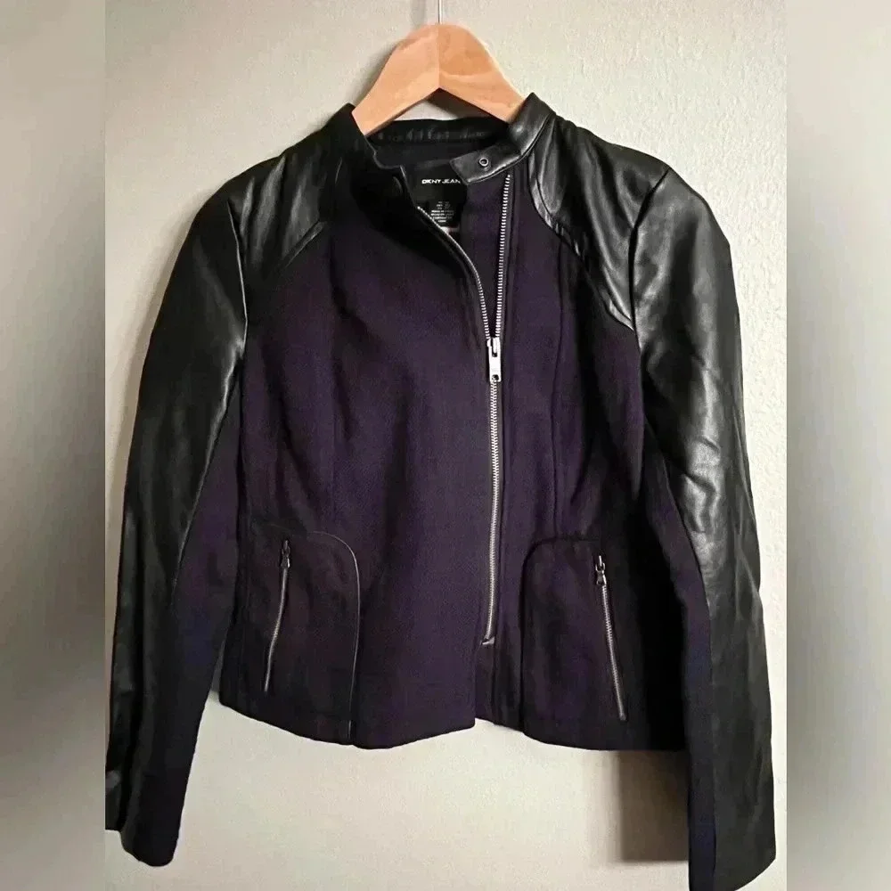 DKNY Vegan Leather Motorcycle Jacket, Blue & Black, Size XS - Picture 3 of 8